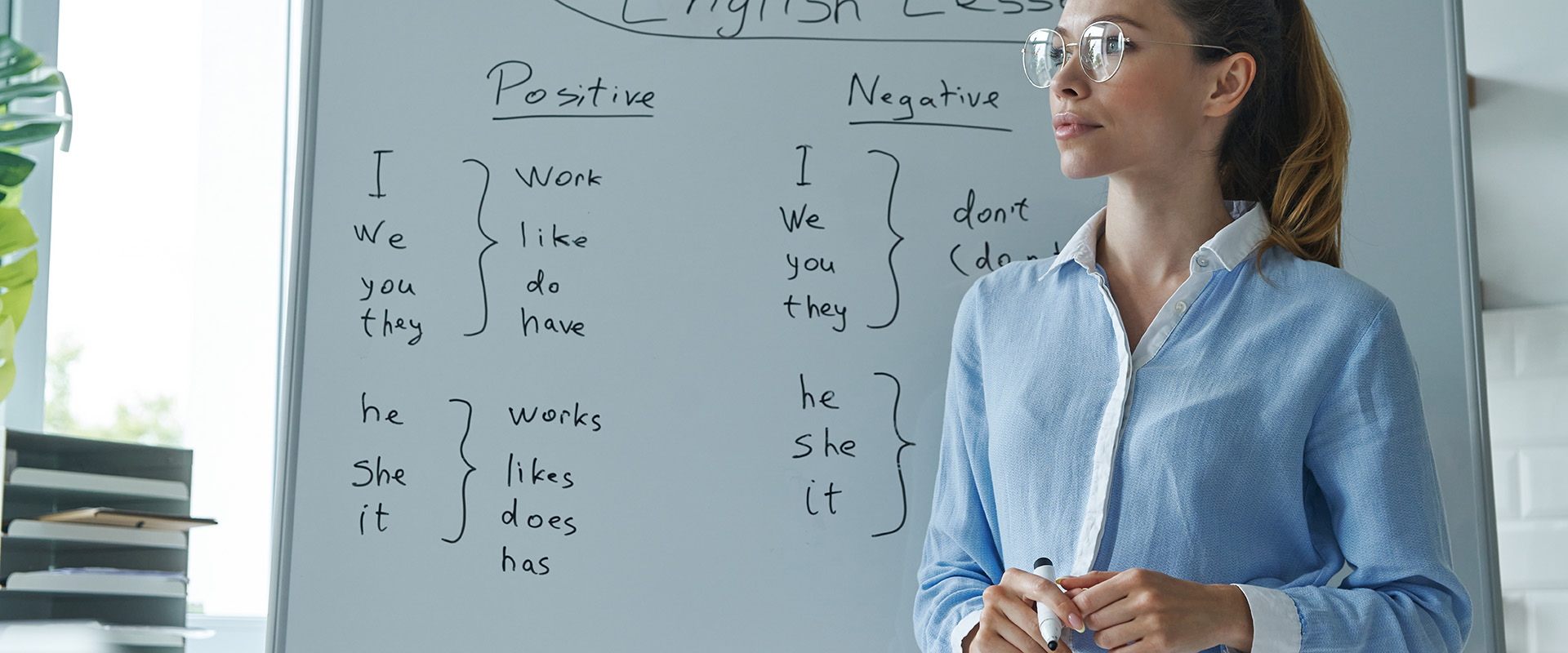 Pizarra con contenido de inglés en aula con profesora