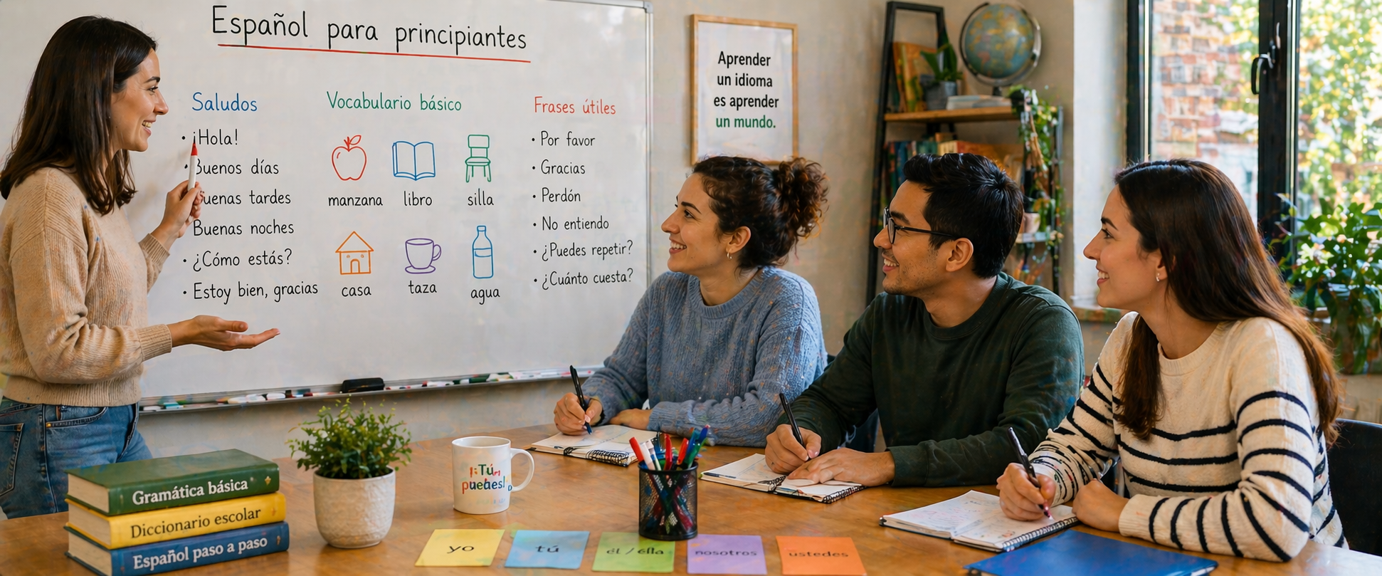 Aula con pizarra de proyectos y alumnos trabajando