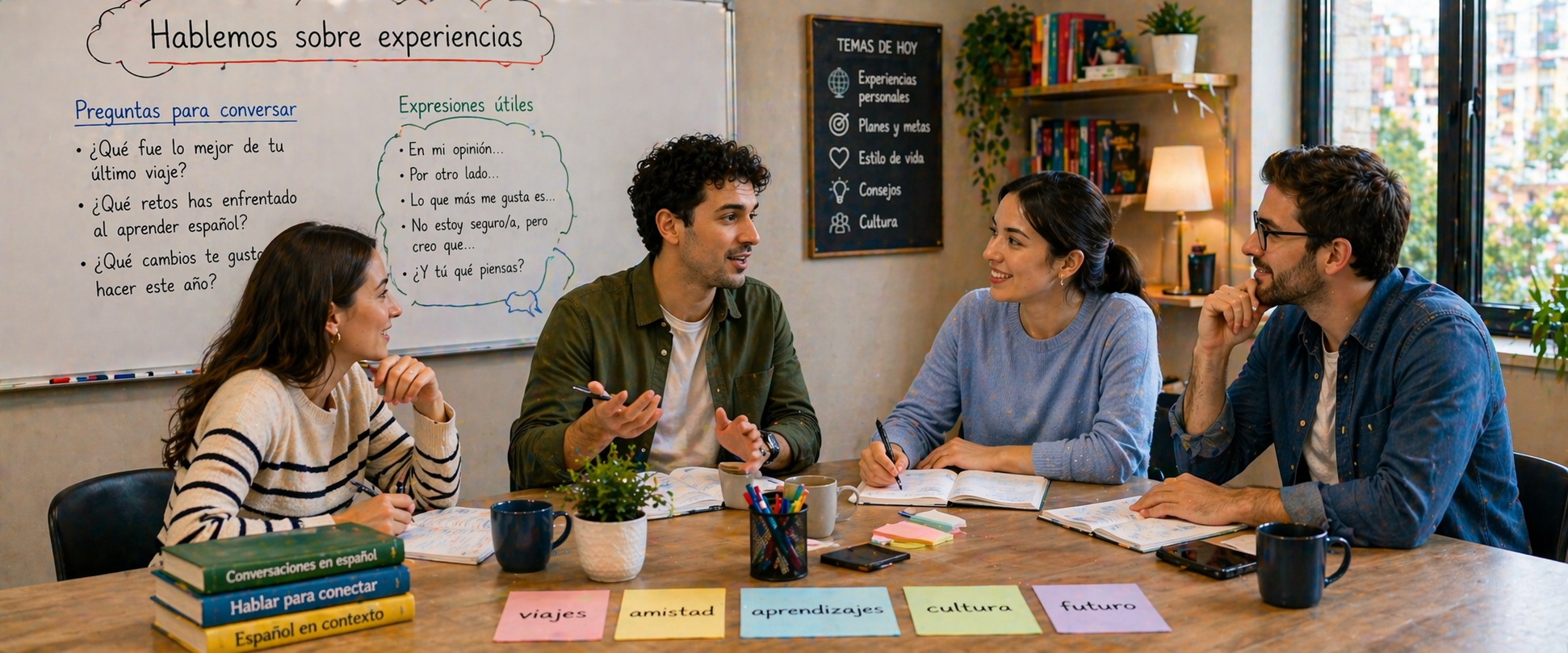 Personas debatiendo en clase con pizarra al fondo