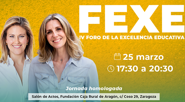 Cartel de evento educativo (FEXE) con ponentes (Cristina Soria y Patricia Vilallonga)