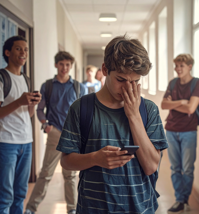Personas caminando en entorno de formación riéndose de un chico con móvil