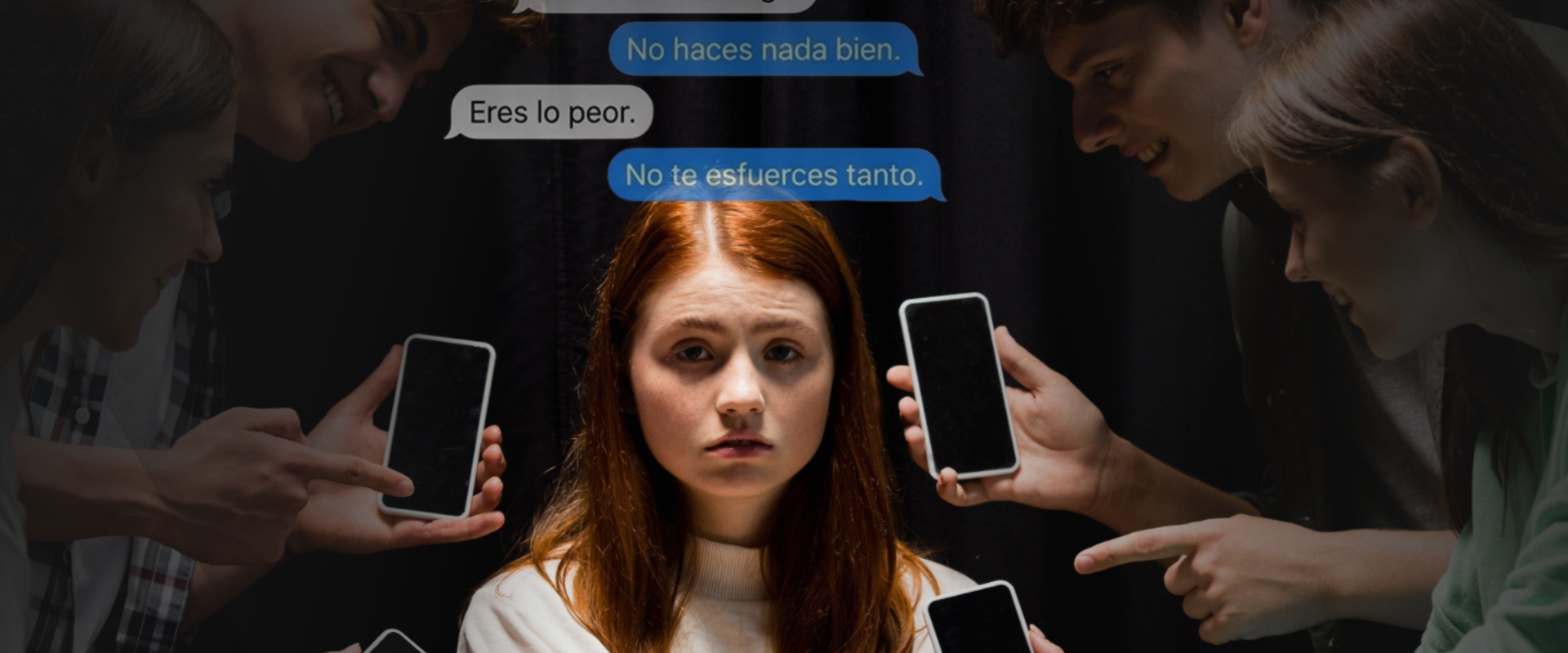 Joven con expresión seria y textos de redes sociales